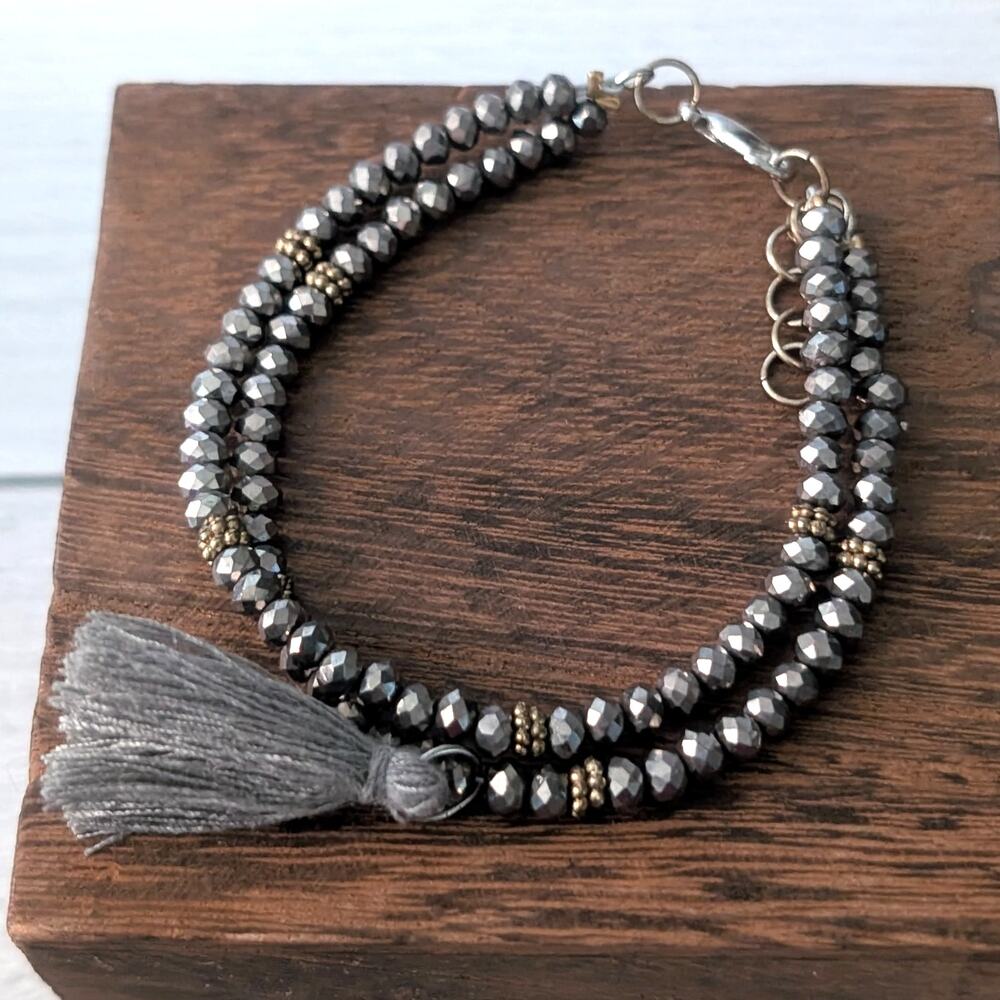 Grey Two Row Bracelet with Tassel Charm